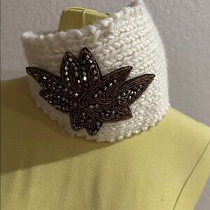 White Knit Head Warmer with Brown Beaded Leaf Accent